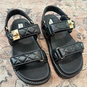 Steve Madden Black Quilted Leather Platform Sandals with Gold Buckles